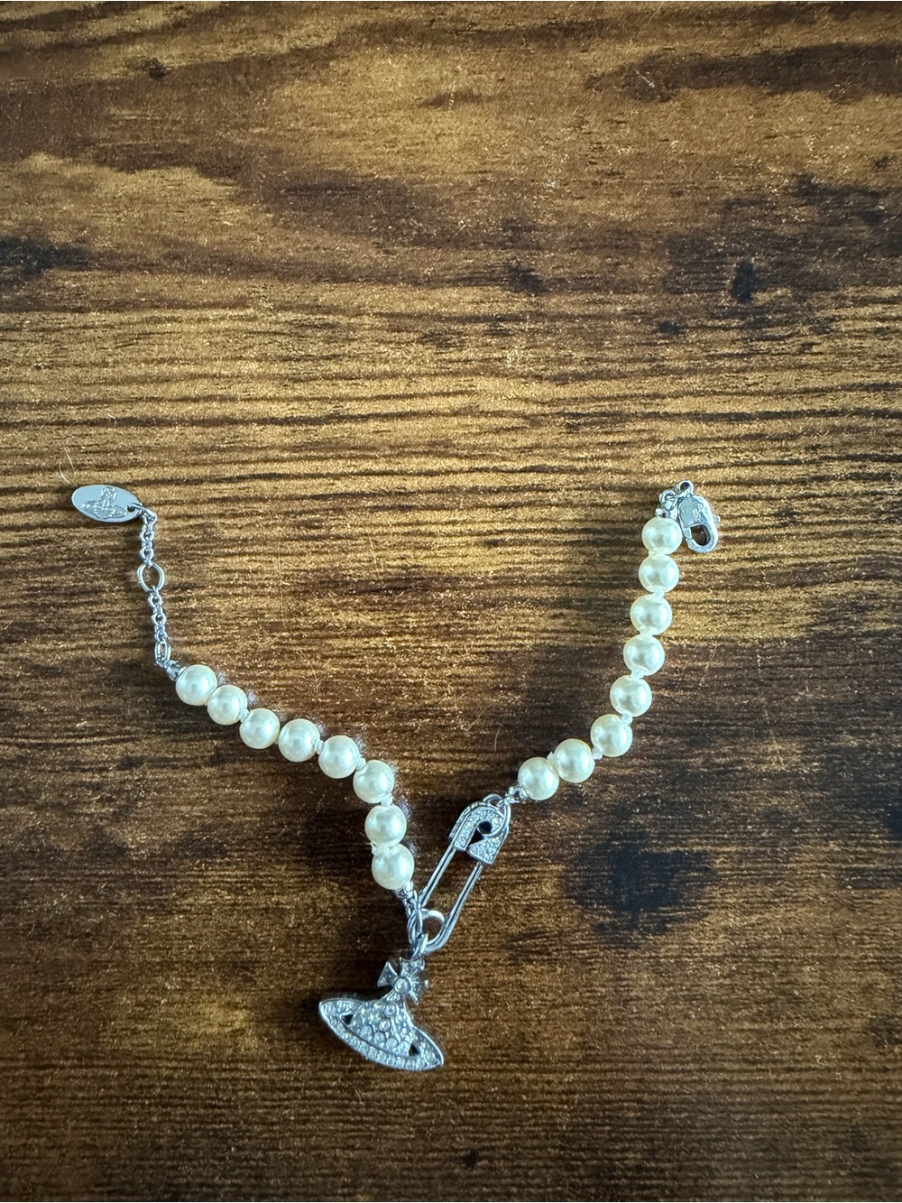 Vivienne Westwood Pearl Bead Bracelet with Silver Orb and Safety Pin Charm